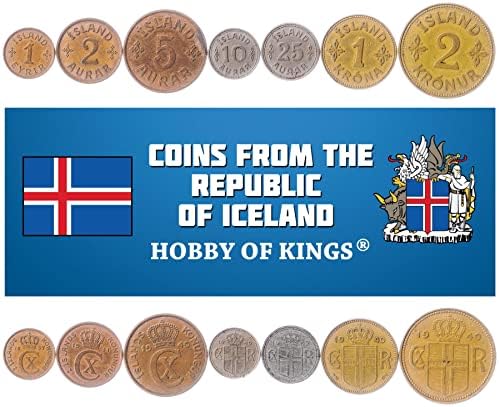 7 מטבעות מאיסלנד | אוסף סט מטבעות ICELANDER 1 EYRIR 2 5 10 25 AURAR 1 2 KRONUR | הופץ 1922-1942 | קינג כריסטיאן x מונוגרמה